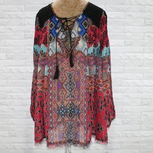 V CHRISTINA Blouse Sheer Mixed Print Long Sleeve Beaded Yoke Lace Up Boho Large